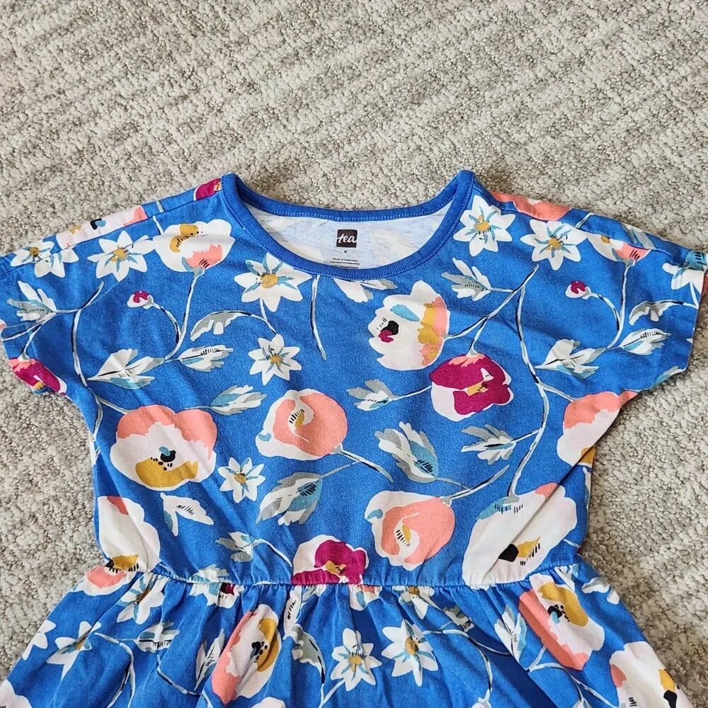 Tea Collection girl's blue floral short sleeve cotton dress size 5